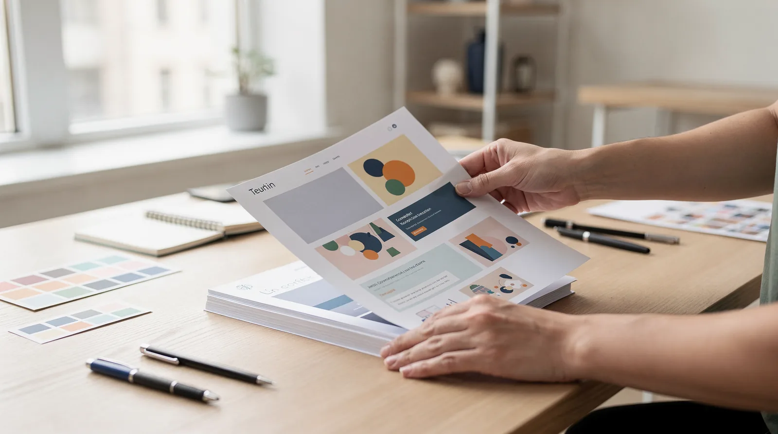 Reviewing a small business branding package guide with logos, colors, and sample layouts.