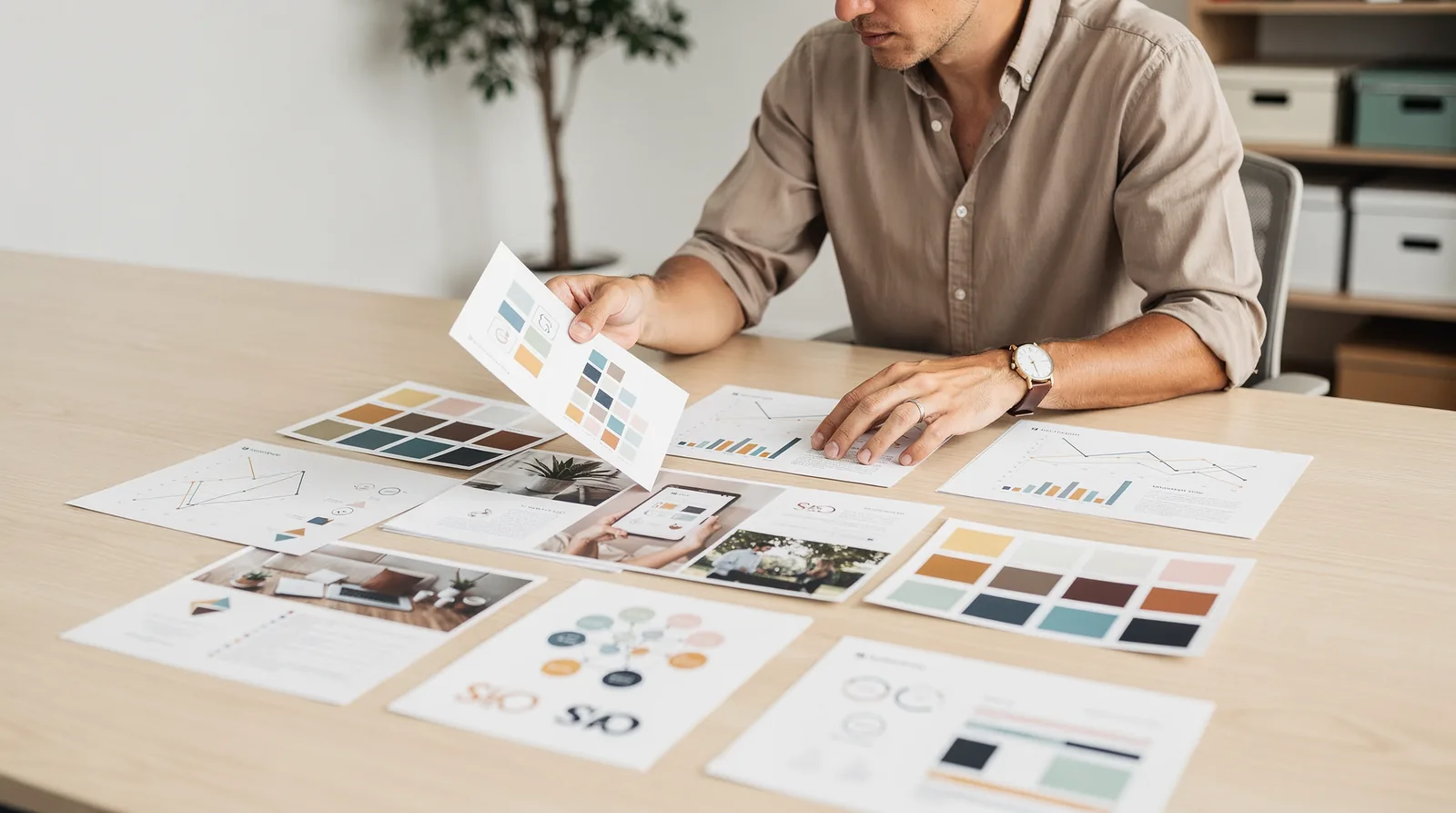 Comparing color palettes, photographs, and typography samples for a brand identity.