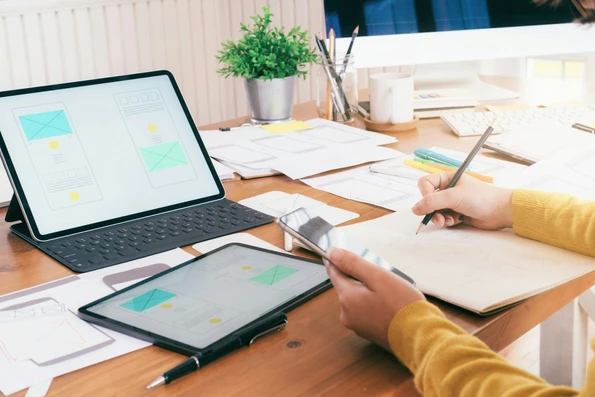 Designer planning custom website design layout on tablet and laptop