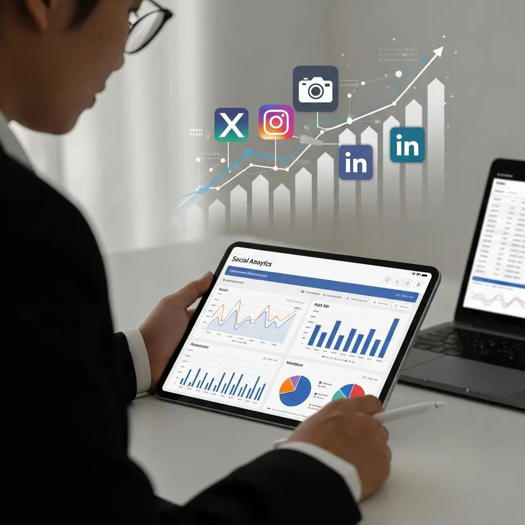 Business professional analyzing ROI metrics for social media management
