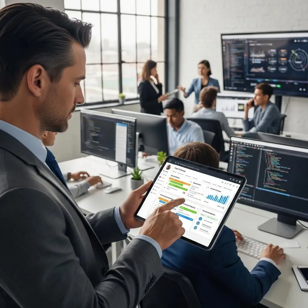 Business professional using a tablet in a busy office, illustrating enhanced efficiency