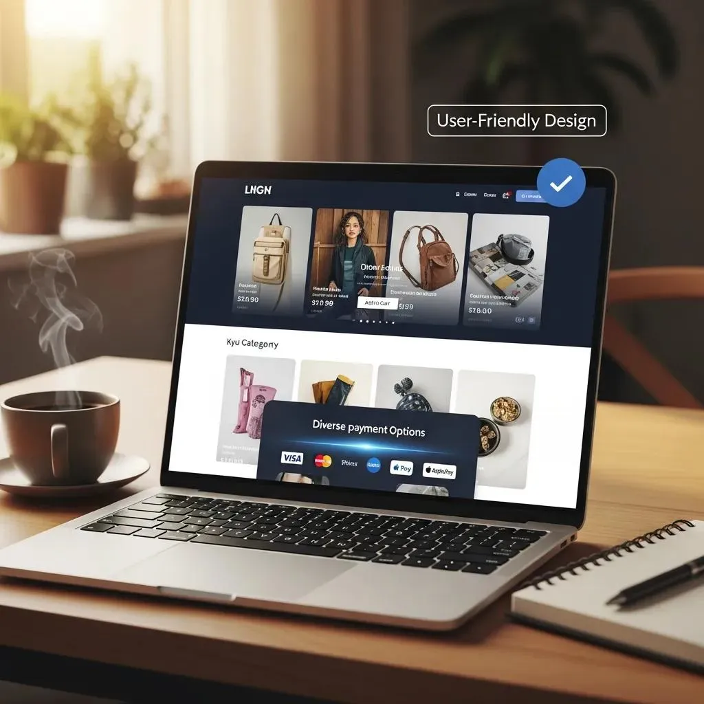 Close-up of a laptop screen showing e-commerce website features in a cozy workspace