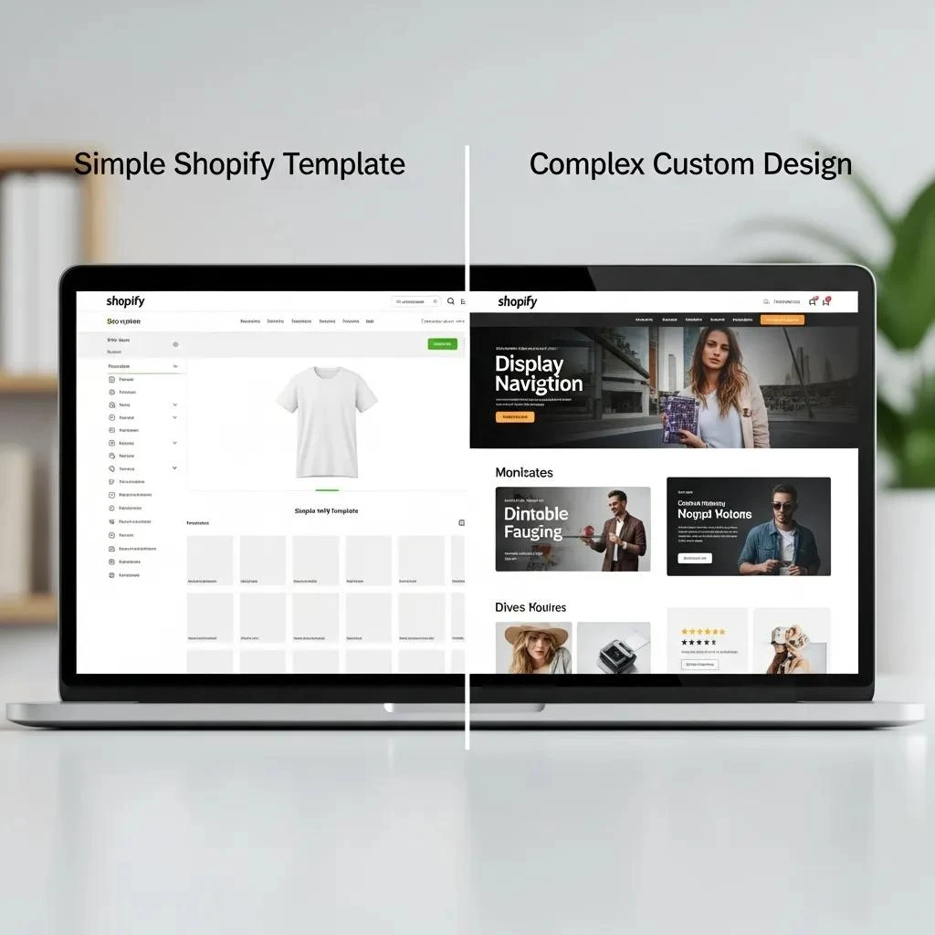 Comparison of simple Shopify template and complex custom design showcasing design complexity