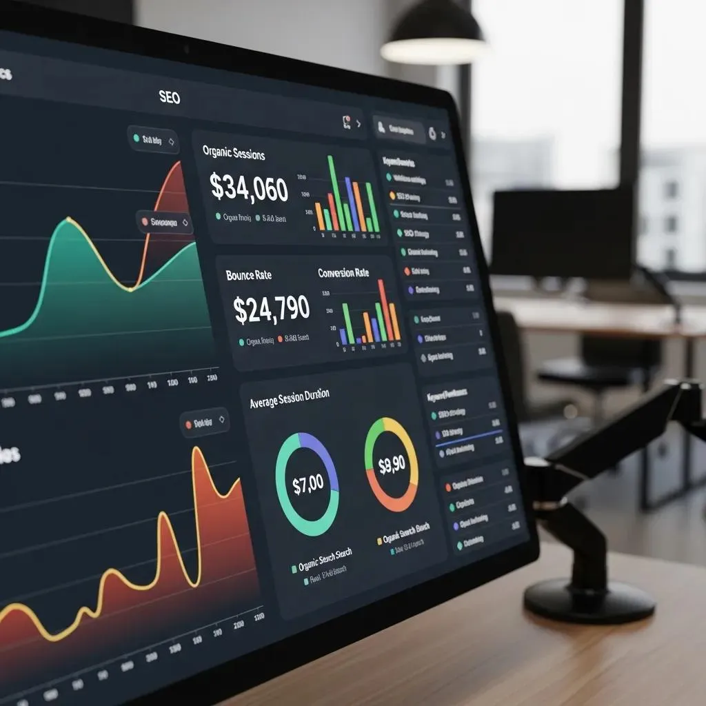 Computer screen showing SEO metrics and analytics in a professional office
