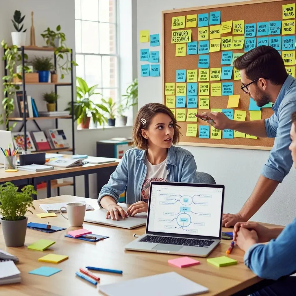 Content creator brainstorming ideas for website updates in a creative workspace