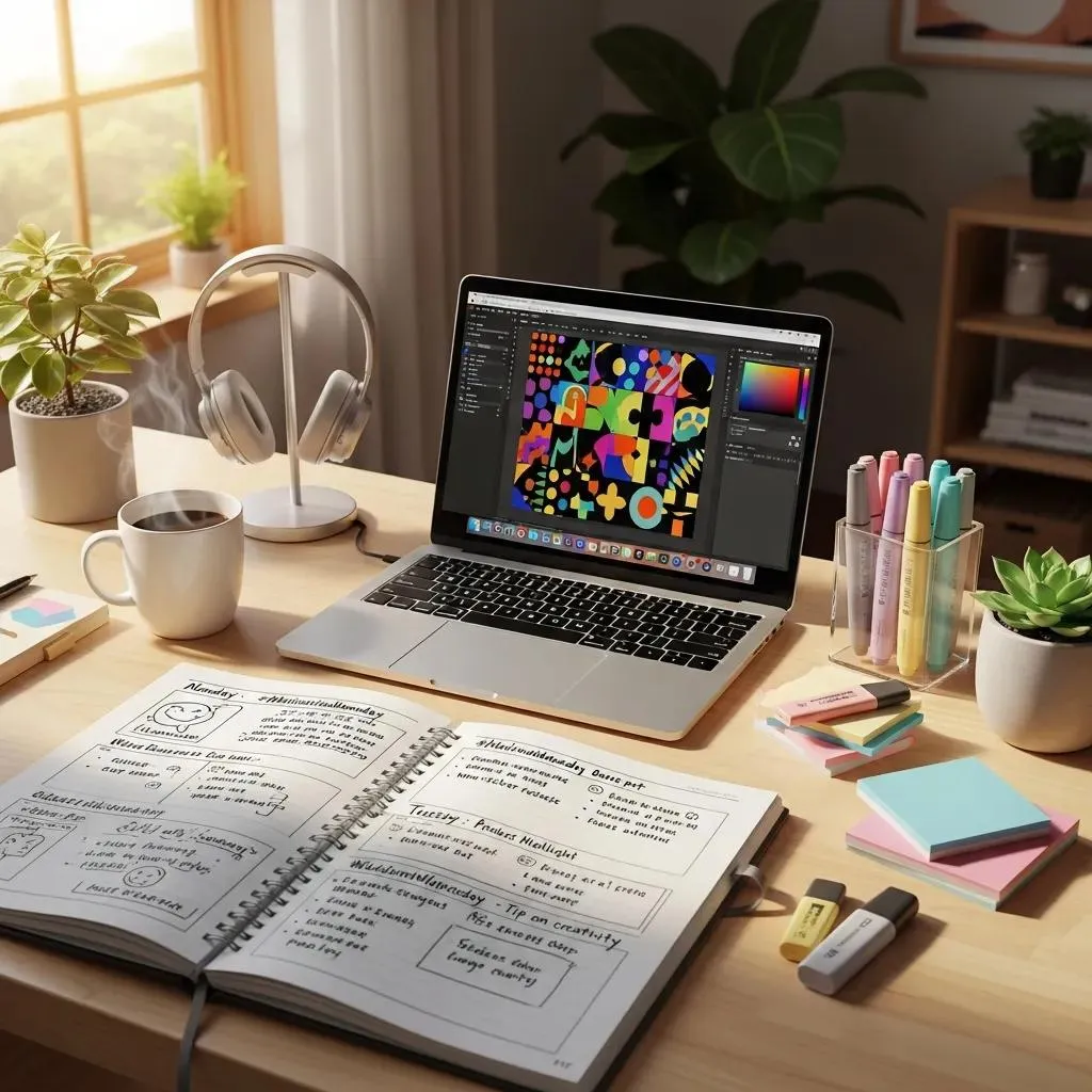 Creative workspace with laptop and calendar for social media content scheduling