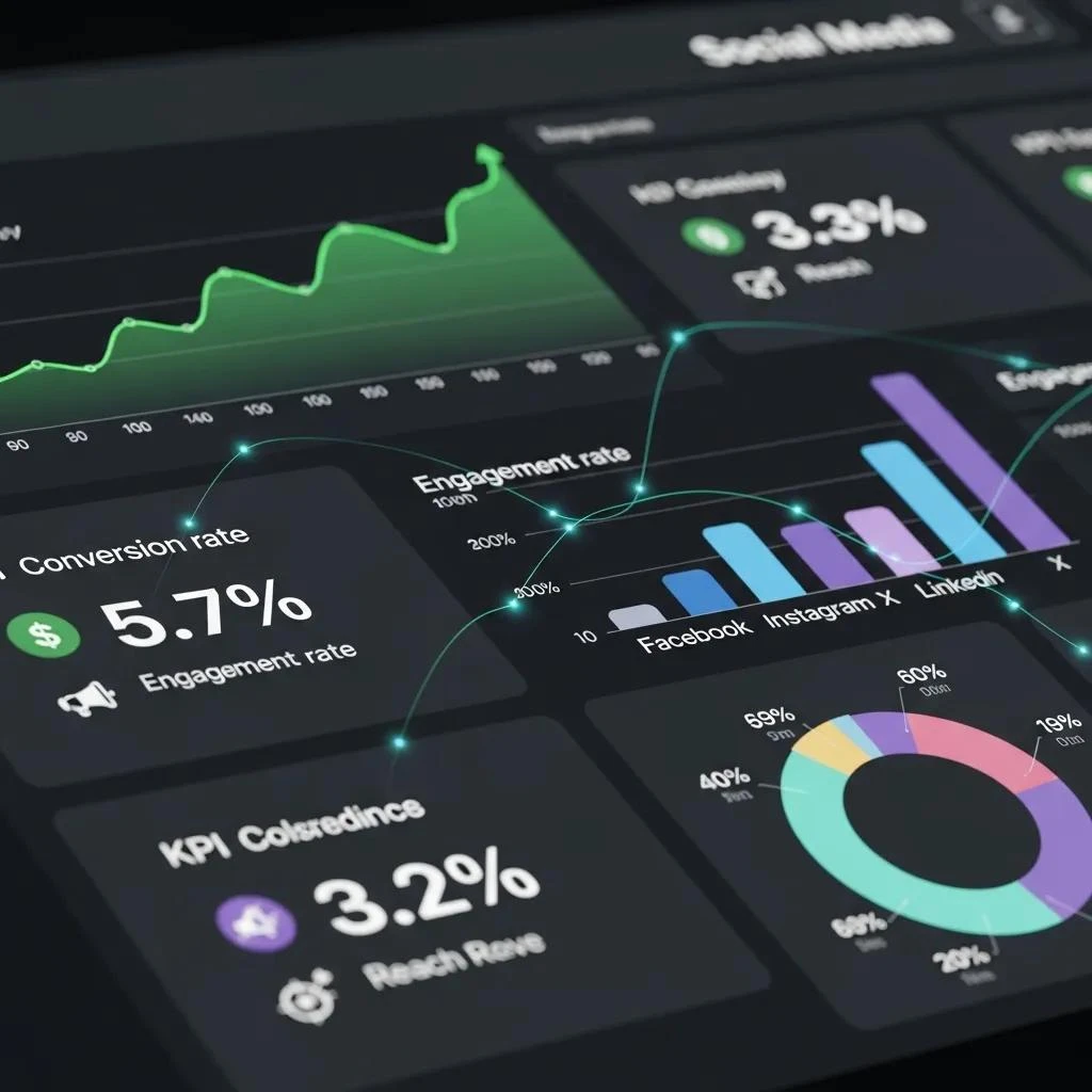 Digital dashboard displaying key social media metrics and KPIs for business success