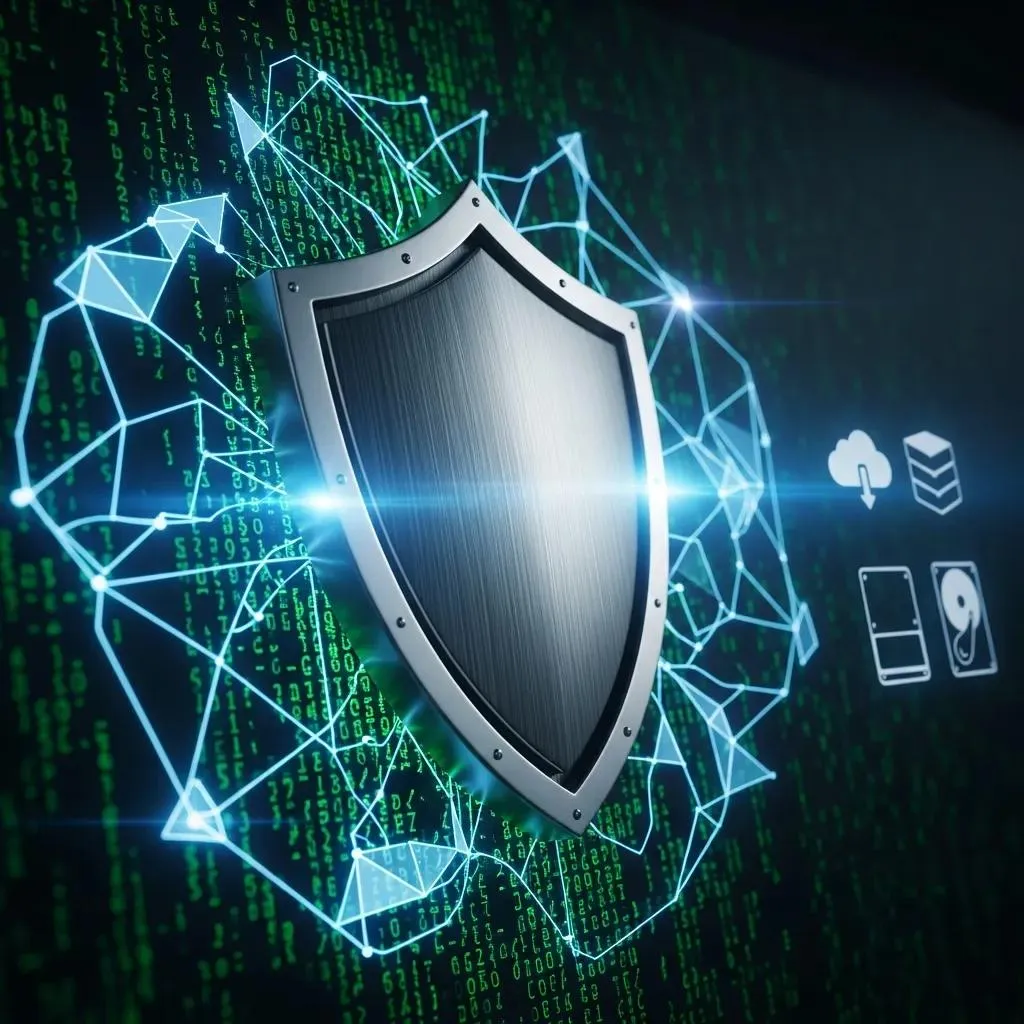 Digital security concept with shield and computer screen representing website protection
