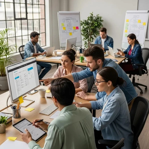 Diverse group of individuals conducting user testing on a website, showcasing interaction with various devices in a modern workspace