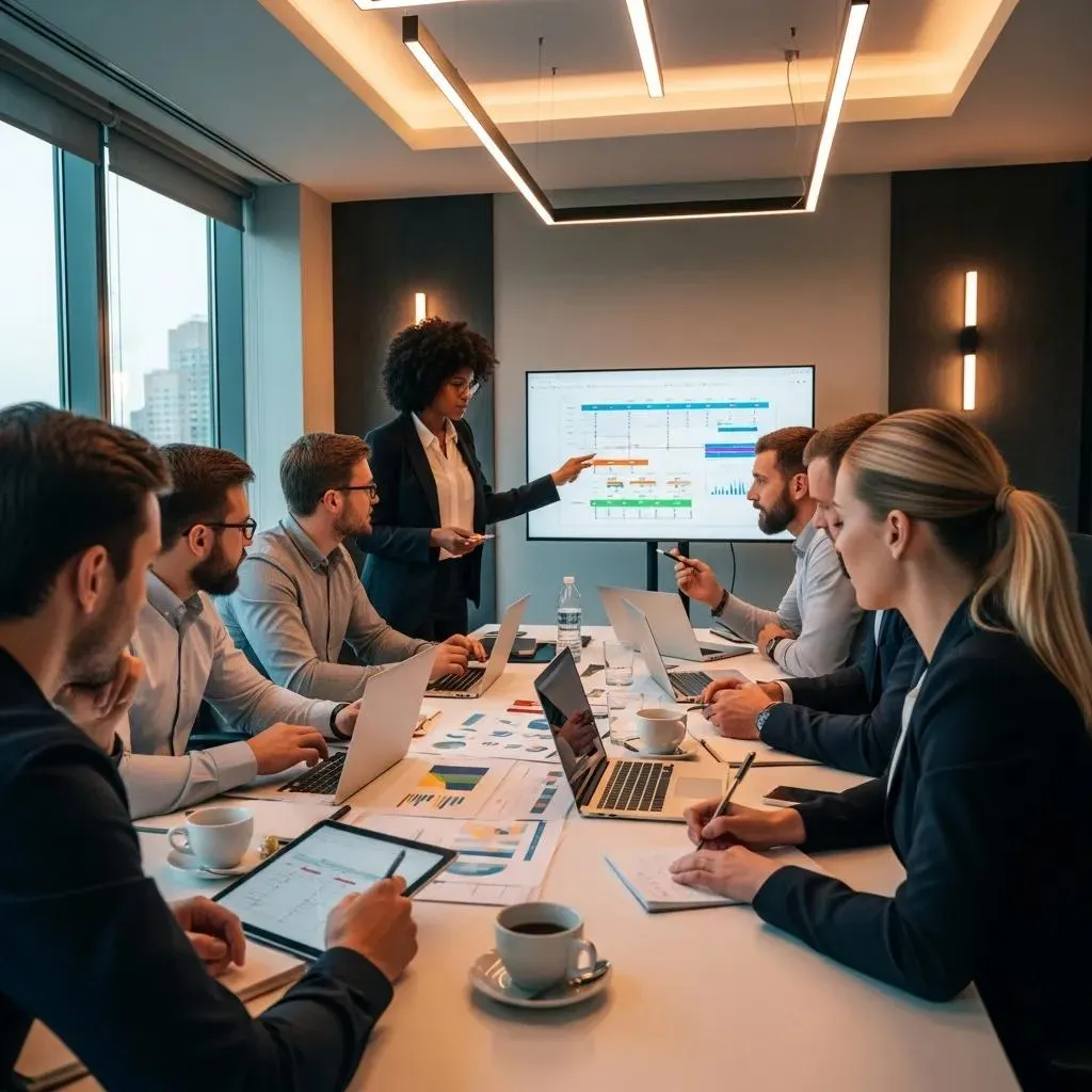Diverse professionals collaborating in a meeting, emphasizing effective communication in project management