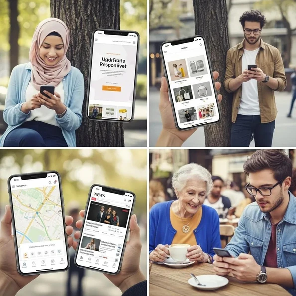 Diverse users engaging with websites on smartphones, highlighting mobile responsiveness
