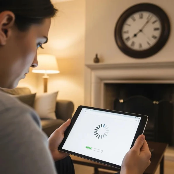 Frustrated user experiencing slow website performance on a tablet