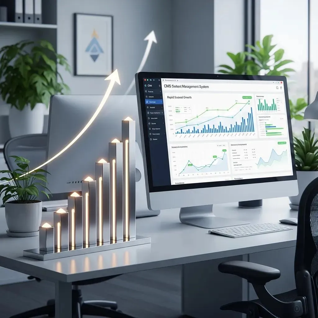 Graph illustrating business growth alongside a scalable CMS dashboard