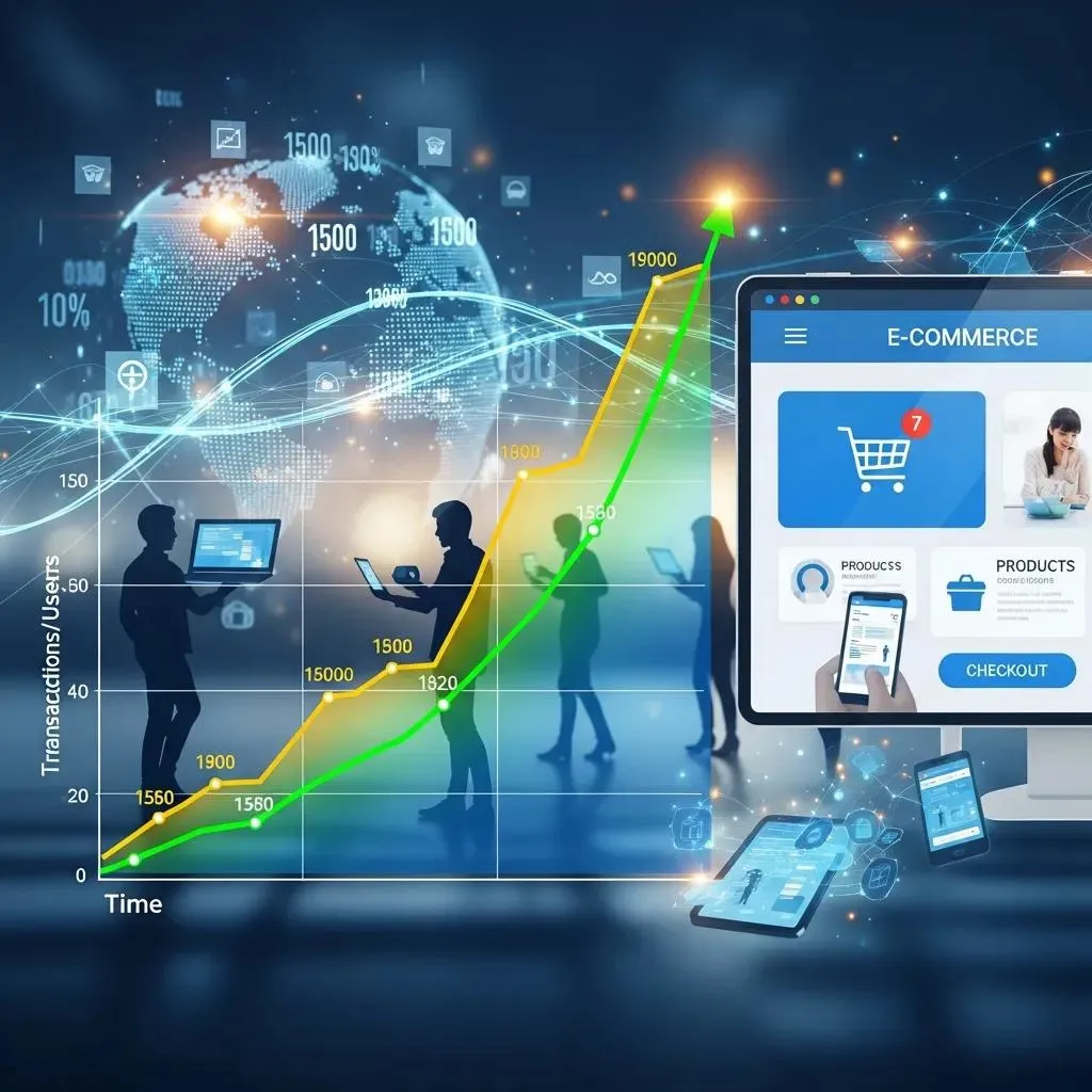 Illustration of scalability in e-commerce with a growth graph and online marketplace elements