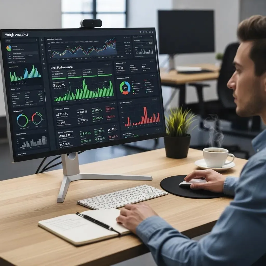 Person analyzing website performance metrics in a tech workspace