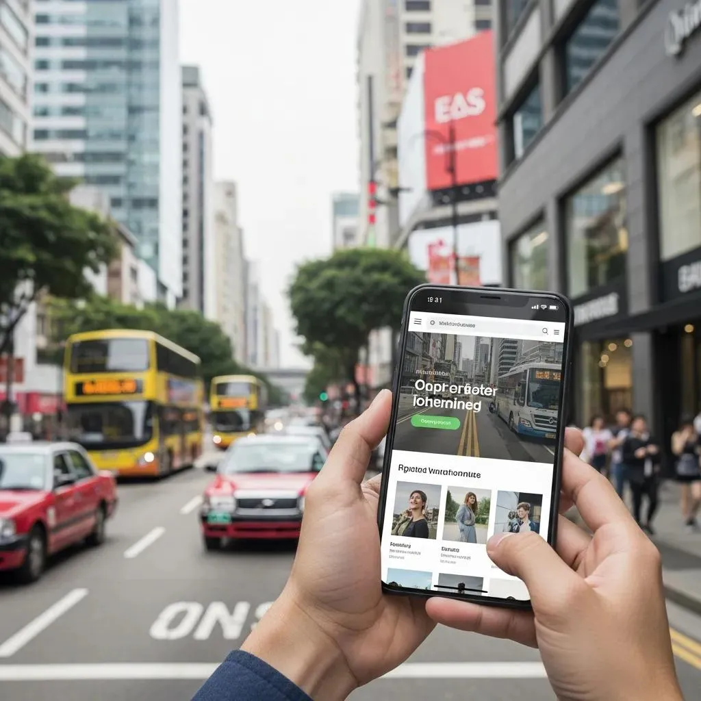 Person browsing a mobile-responsive website on a smartphone in an urban setting