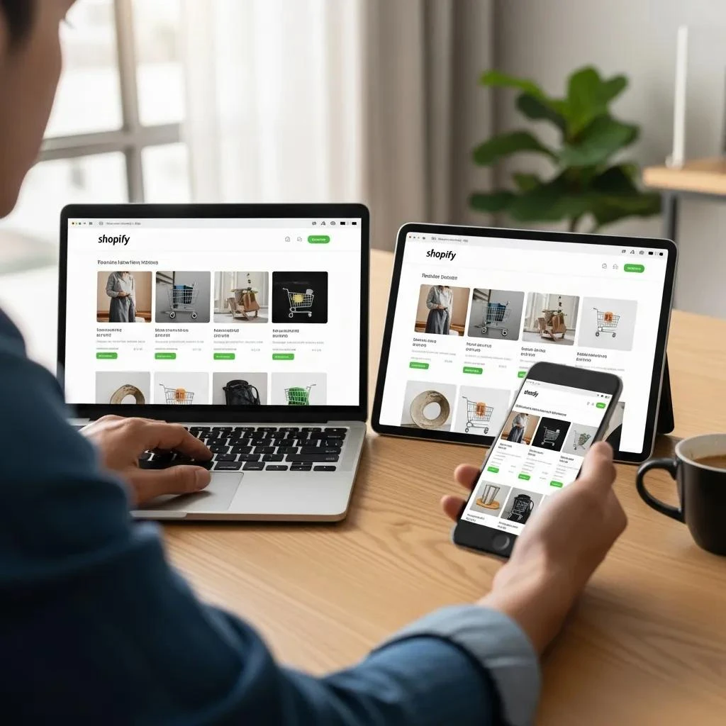 Person testing a Shopify store on multiple devices, highlighting the launch phase