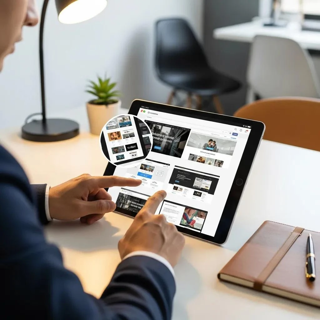 Professional reviewing a portfolio of websites on a tablet, emphasizing evaluation criteria