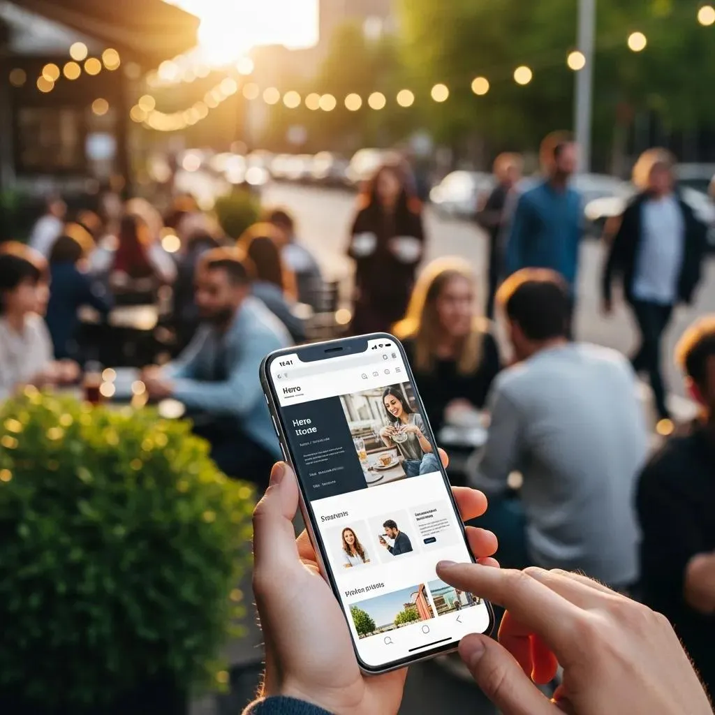Smartphone displaying a mobile-responsive website in an outdoor café