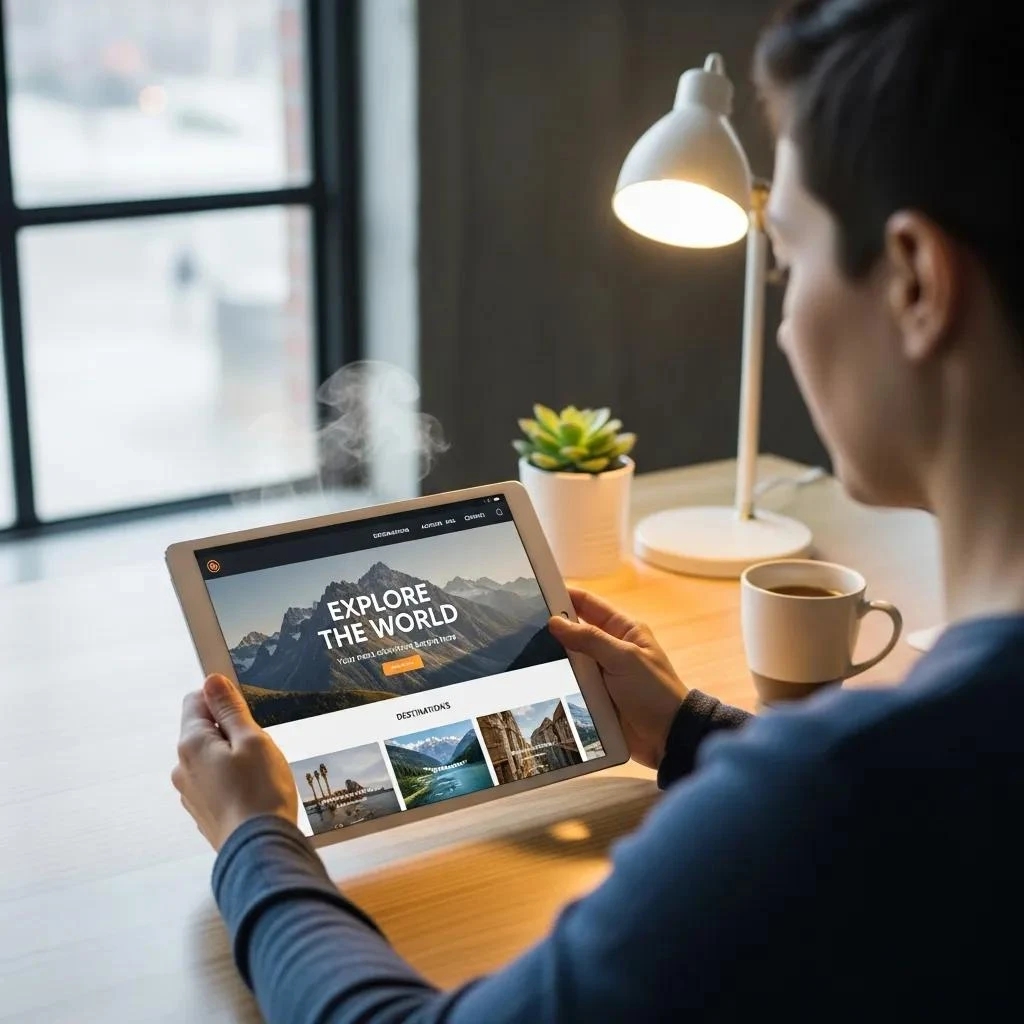 User engaging with a well-designed website on a tablet in a bright workspace