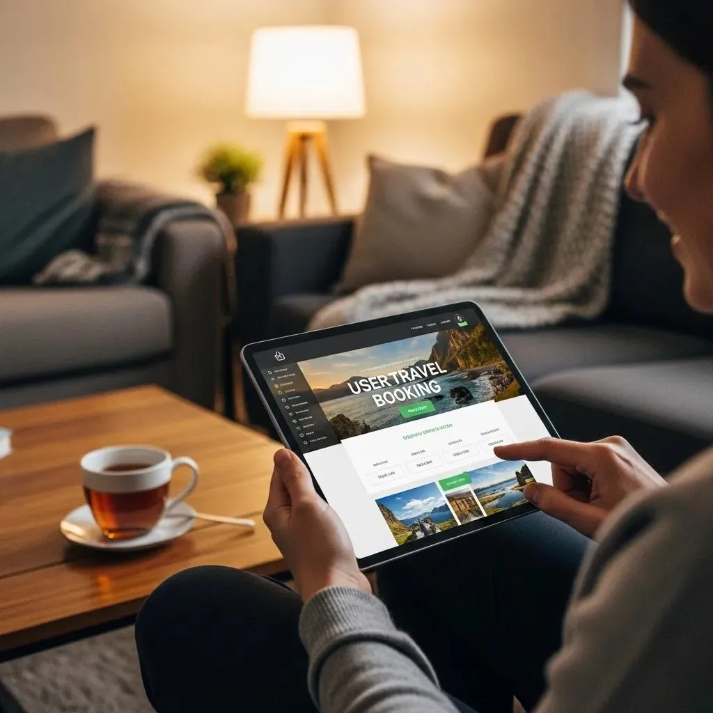 User-friendly website interface on a tablet in a cozy living room