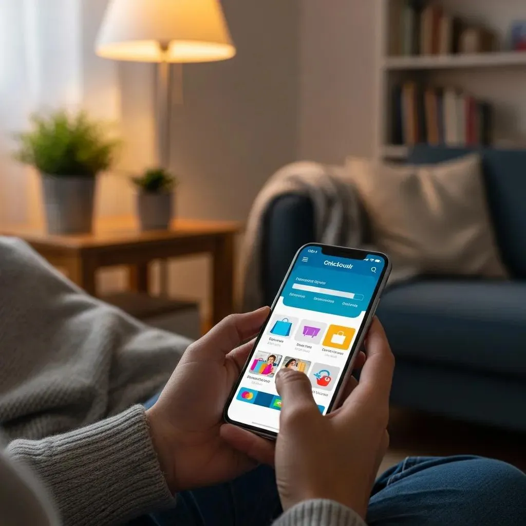 User making an online purchase on a smartphone in a cozy home setting