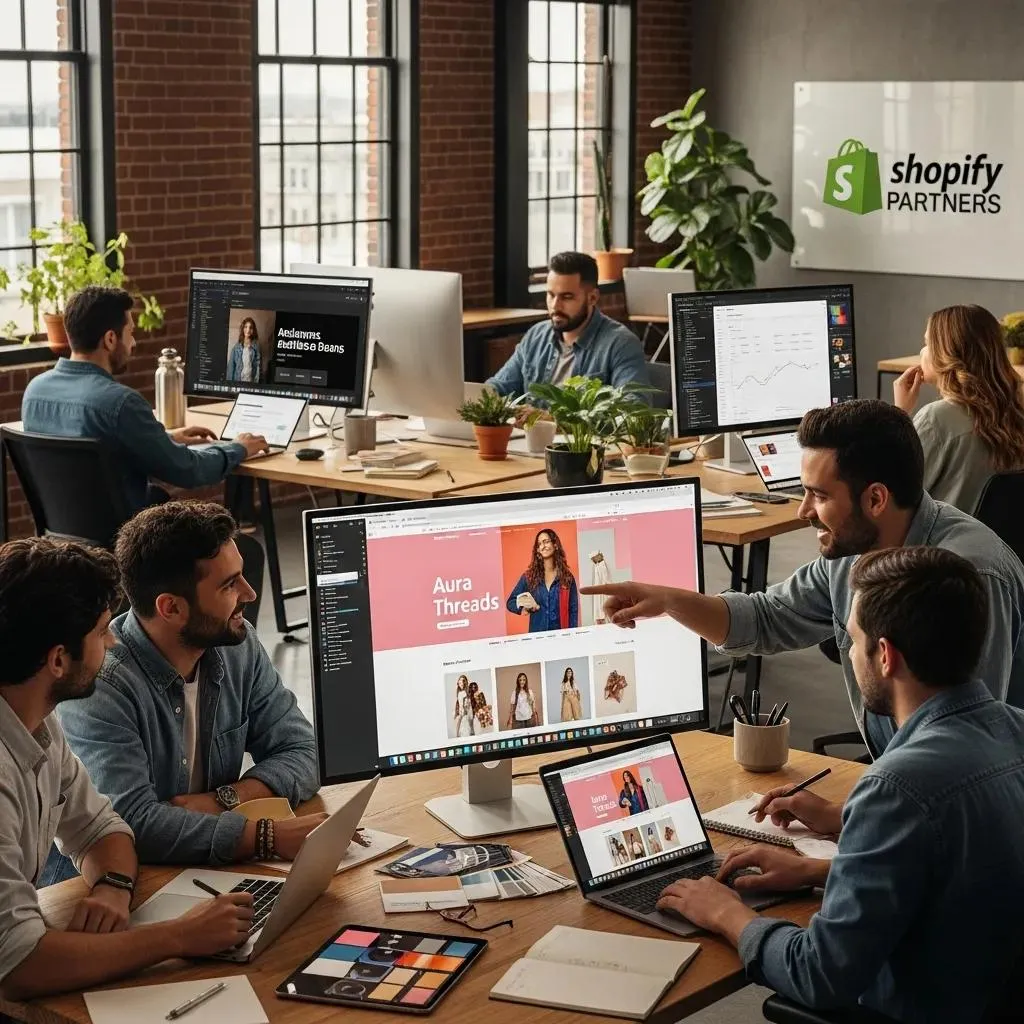 Web design team collaborating in a creative office, emphasizing agency expertise and teamwork