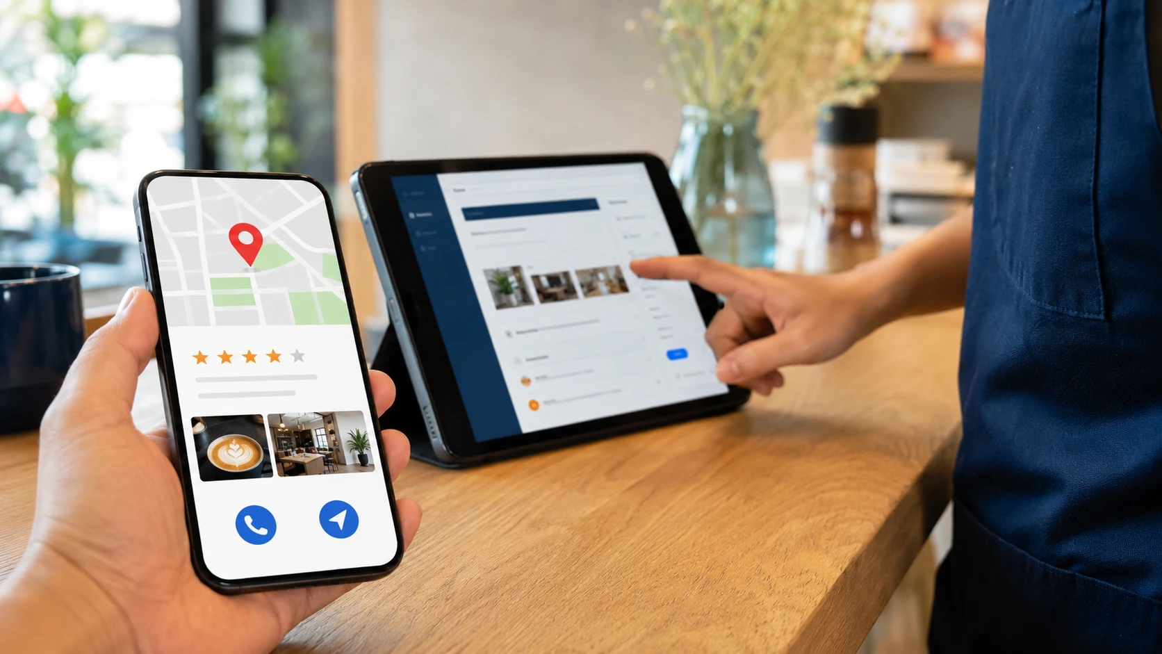 Business listing with map, reviews, photos, and contact options