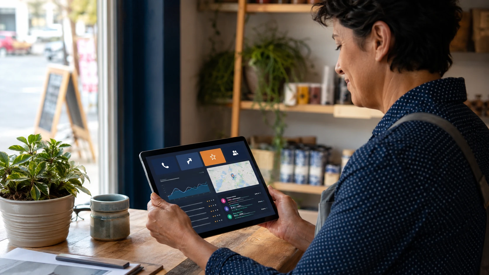Small business owner reviewing local search activity