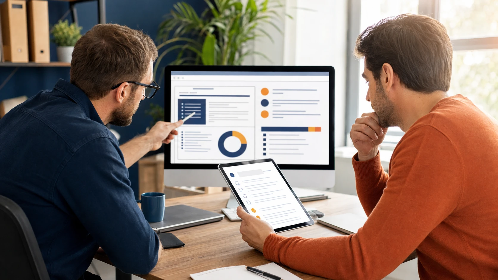 Business owner and consultant reviewing an SEO audit checklist